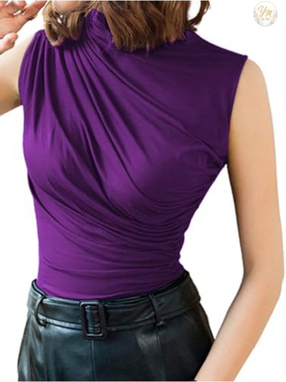Fitted Sleeveless Ruched Tank Top Mock Turtleneck Blouse